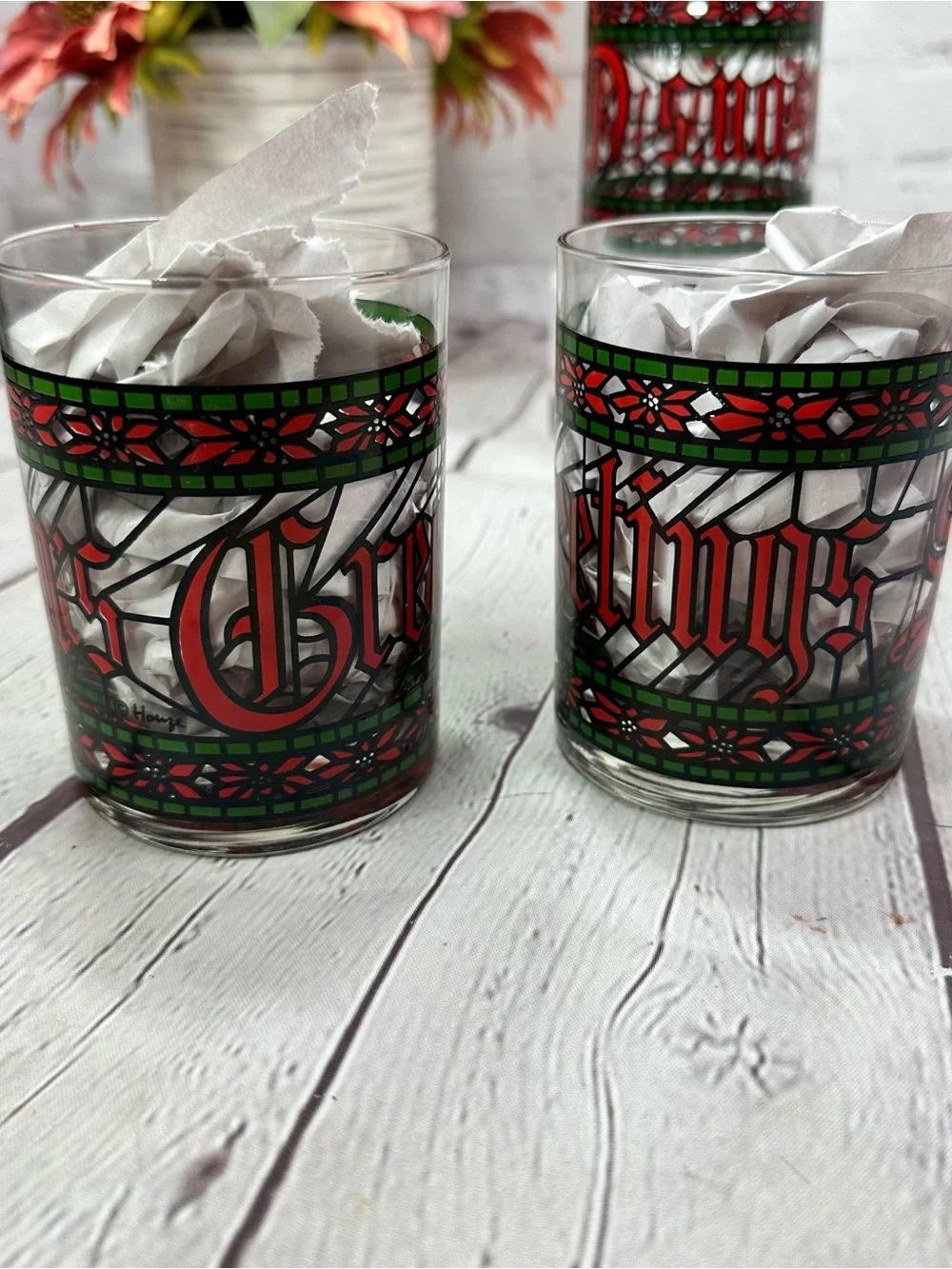vtg HUZ1 Houze Glass Company Double Old Fashioned 4pc seasons greetings holiday